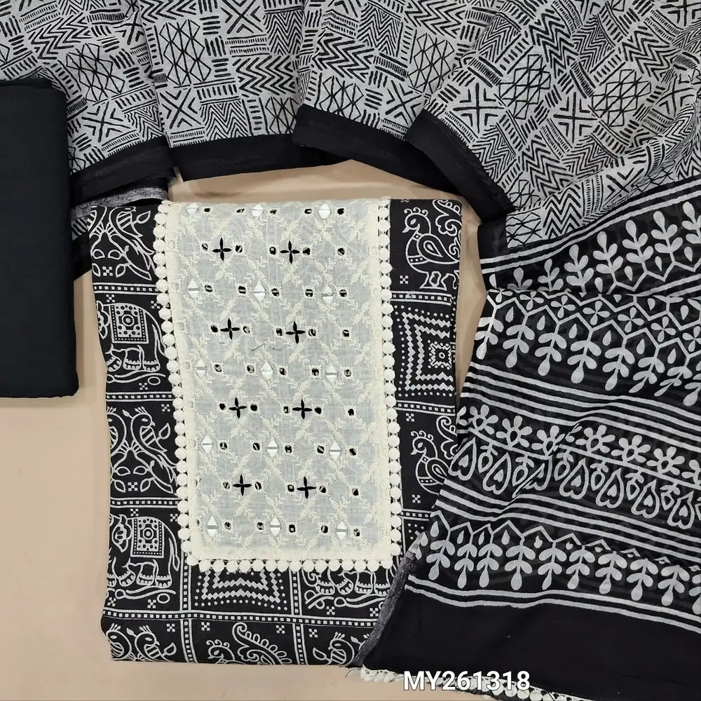 Black printed premium cotton unstitched salwar material,schiffli embroidery and real mirror work(lining optional)cotton bottom, printed premium full length mul cotton dupatta with tapping. MY261318