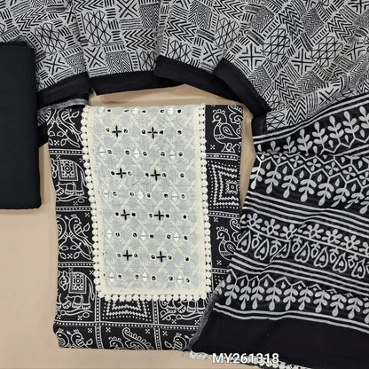 Black printed premium cotton unstitched salwar material,schiffli embroidery and real mirror work(lining optional)cotton bottom, printed premium full length mul cotton dupatta with tapping. MY261318