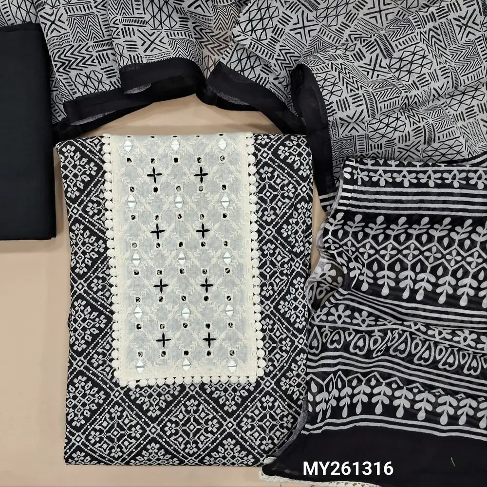 Black printed premium cotton unstitched salwar material,schiffli embroidery and real mirror work(lining optional)cotton bottom, printed premium full length mul cotton dupatta with tapping. MY261316