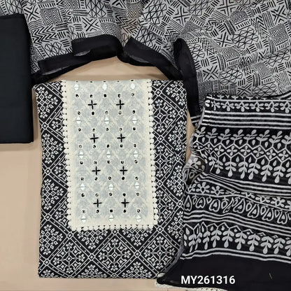 Black printed premium cotton unstitched salwar material,schiffli embroidery and real mirror work(lining optional)cotton bottom, printed premium full length mul cotton dupatta with tapping. MY261316