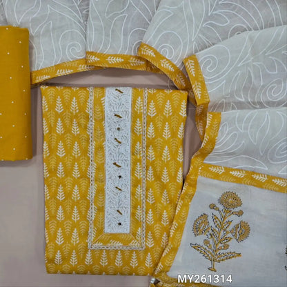 Mehandhi yellow printed soft cotton unstitched salwar material, embroidered yoke with lace work(lining optional)printed cotton bottom,self embroidery work on pure cotton dupatta with block printed pallu and tapping. MY261314