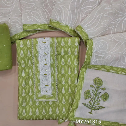 Pastel green printed soft cotton unstitched salwar material, embroidered yoke with lace work(lining optional)printed cotton bottom,self embroidery work on pure cotton dupatta with block printed pallu and tapping. MY261315