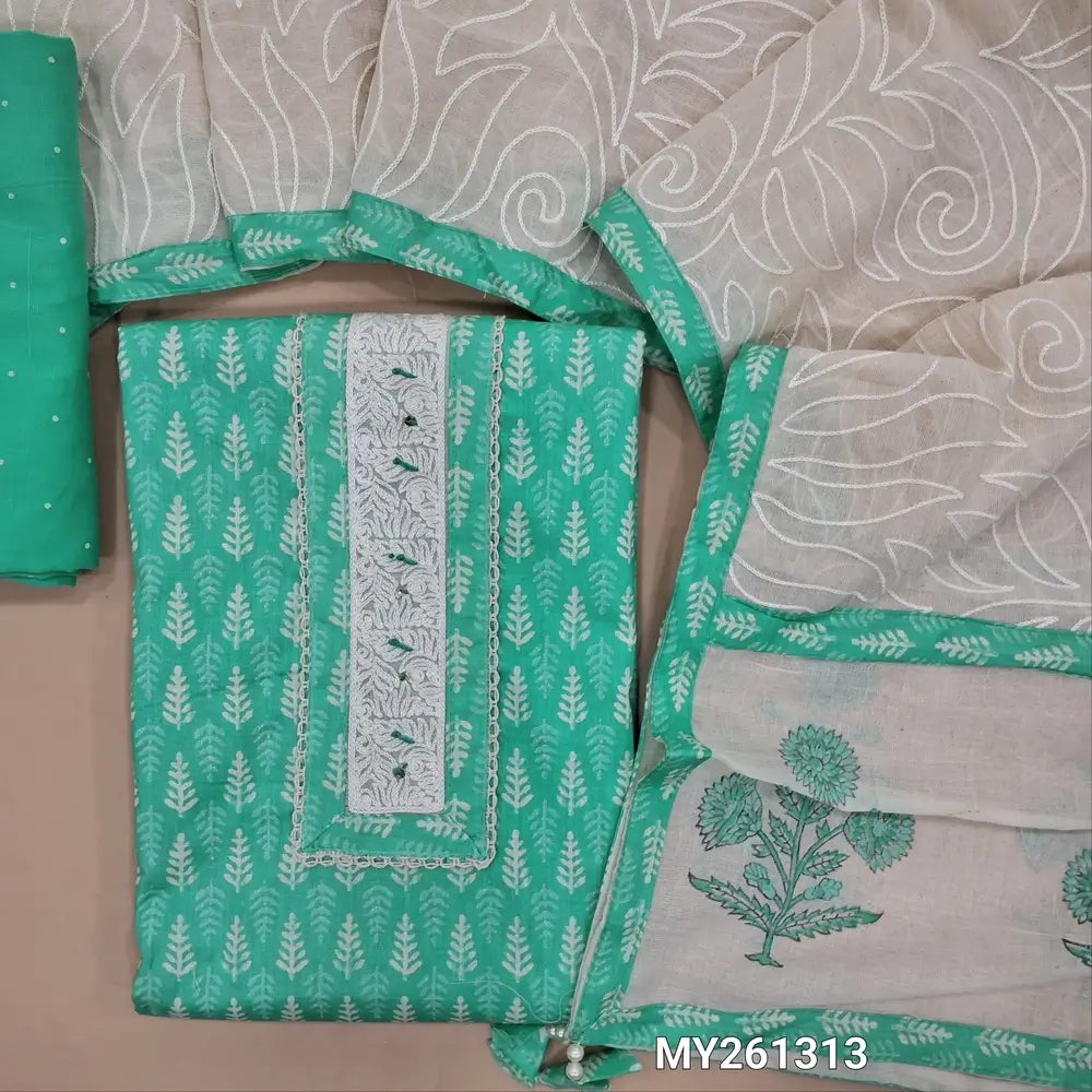 Pastel blue printed soft cotton unstitched salwar material, embroidered yoke with lace work(lining optional)printed cotton bottom,self embroidery work on pure cotton dupatta with block printed pallu and tapping. MY261313