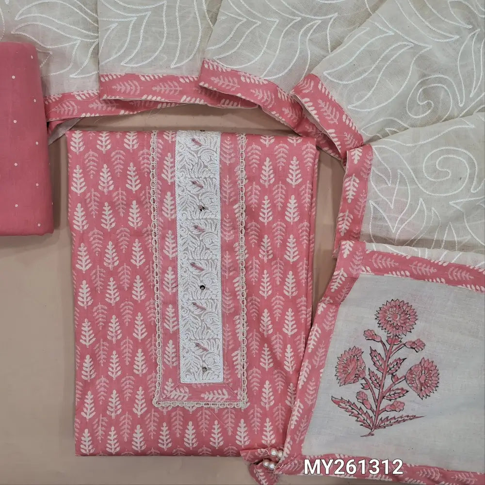 Pastel pink printed soft cotton unstitched salwar material, embroidered yoke with lace work(lining optional)printed cotton bottom,self embroidery work on pure cotton dupatta with block printed pallu and tapping. MY261312