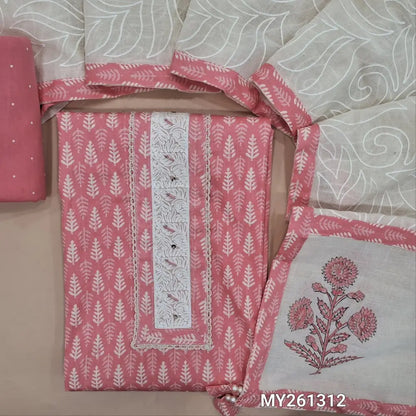 Pastel pink printed soft cotton unstitched salwar material, embroidered yoke with lace work(lining optional)printed cotton bottom,self embroidery work on pure cotton dupatta with block printed pallu and tapping. MY261312