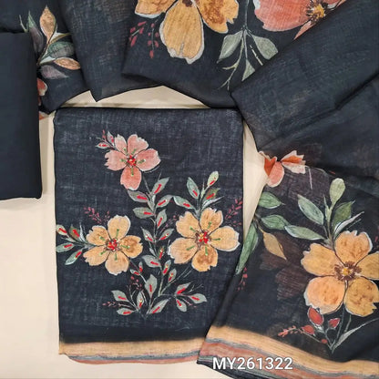 Black premium semi linen unstitched salwar material(lining needed) floral printed &thread detailing on front, matching spun cotton bottom, floral printed semi linen full length dupatta. MY261322