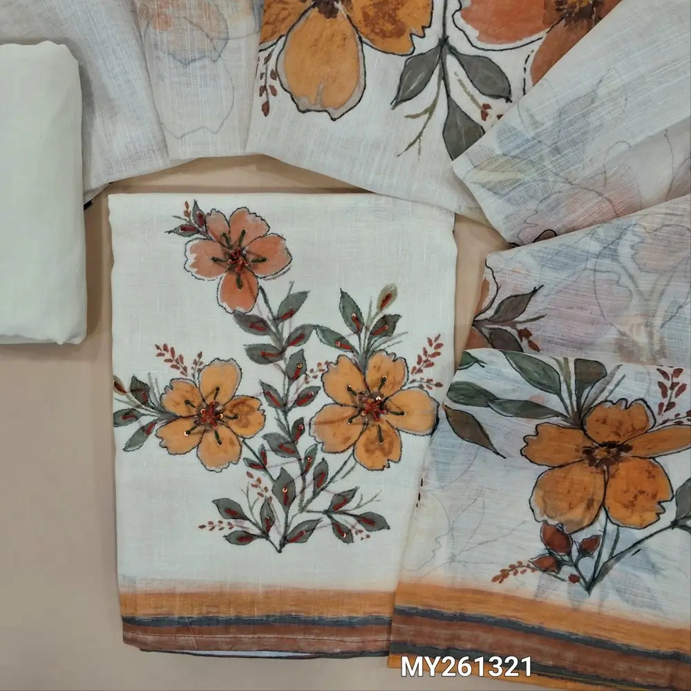 Off white base premium semi linen unstitched salwar material(lining needed) floral printed &thread detailing on front, matching spun cotton bottom, floral printed semi linen full length dupatta. MY261321