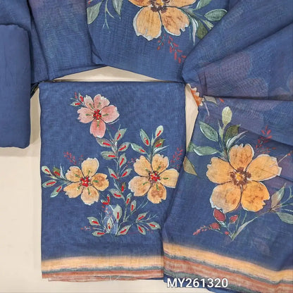Dark blue premium semi linen unstitched salwar material(lining needed) floral printed &thread detailing on front, matching spun cotton bottom, floral printed semi linen full length dupatta. MY261320