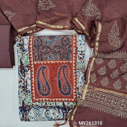 Dark maroon kalamkari printed pure cotton unstitched salwar material,ajrak patch with hand embroidery (soft, Lining needed)matching cotton bottom,hand block printed kota silk cotton dupatta with gold tissue borders.  MY261310