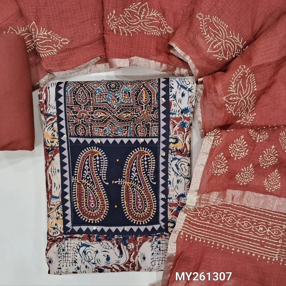 Reddish maroon kalamkari printed pure cotton unstitched salwar material,ajrak patch with hand embroidery (soft, Lining needed)matching cotton bottom,hand block printed kota silk cotton dupatta with gold tissue borders.  MY261307