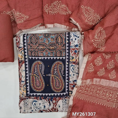 Reddish maroon kalamkari printed pure cotton unstitched salwar material,ajrak patch with hand embroidery (soft, Lining needed)matching cotton bottom,hand block printed kota silk cotton dupatta with gold tissue borders.  MY261307
