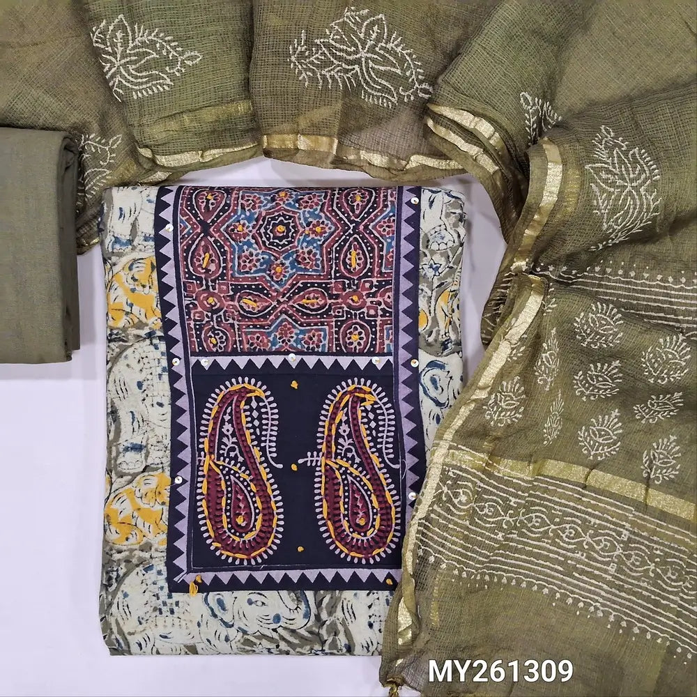 Olive green kalamkari printed pure cotton unstitched salwar material,ajrak patch with hand embroidery (soft, Lining needed)matching cotton bottom,hand block printed kota silk cotton dupatta with gold tissue borders.  MY261309