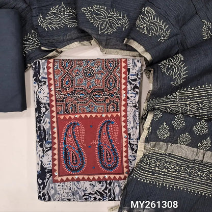 Black kalamkari printed pure cotton unstitched salwar material,ajrak patch with hand embroidery (soft, Lining needed)matching cotton bottom,hand block printed kota silk cotton dupatta with gold tissue borders.  MY261308
