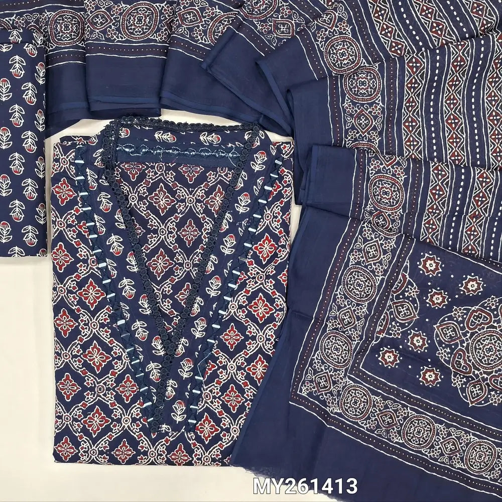 Dark blue ajrak hand block printed pure cotton unstitched salwar material,collared neck with real mirror(lining optional)printed cotton bottom,printed full length mul cotton dupatta. MY261413