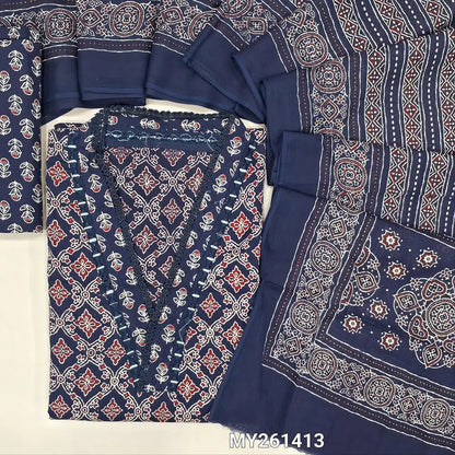 Dark blue ajrak hand block printed pure cotton unstitched salwar material,collared neck with real mirror(lining optional)printed cotton bottom,printed full length mul cotton dupatta. MY261413
