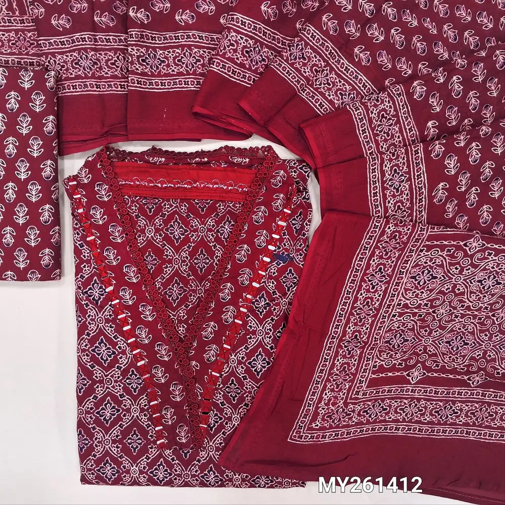 Bright red ajrak hand block printed pure cotton unstitched salwar material,collared neck with real mirror(lining optional)printed cotton bottom,printed full length mul cotton dupatta. MY261412