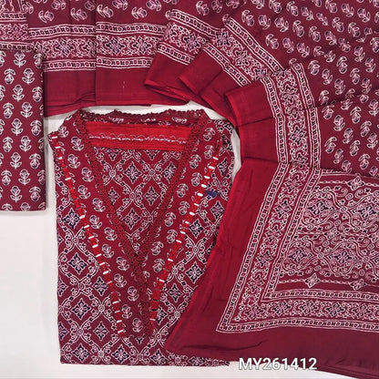 Bright red ajrak hand block printed pure cotton unstitched salwar material,collared neck with real mirror(lining optional)printed cotton bottom,printed full length mul cotton dupatta. MY261412