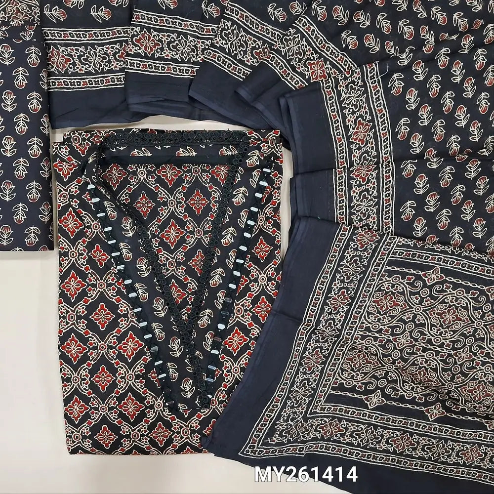 Black ajrak hand block printed pure cotton unstitched salwar material,collared neck with real mirror(lining optional)printed cotton bottom,printed full length mul cotton dupatta. MY261414