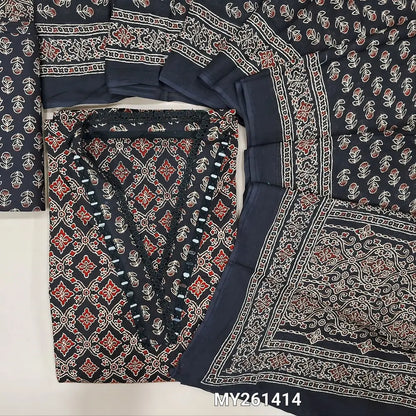 Black ajrak hand block printed pure cotton unstitched salwar material,collared neck with real mirror(lining optional)printed cotton bottom,printed full length mul cotton dupatta. MY261414