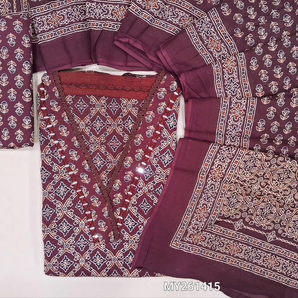 Dark maroon ajrak hand block printed pure cotton unstitched salwar material,collared neck with real mirror(lining optional)printed cotton bottom,printed full length mul cotton dupatta. MY261415