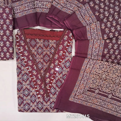 Dark maroon ajrak hand block printed pure cotton unstitched salwar material,collared neck with real mirror(lining optional)printed cotton bottom,printed full length mul cotton dupatta. MY261415