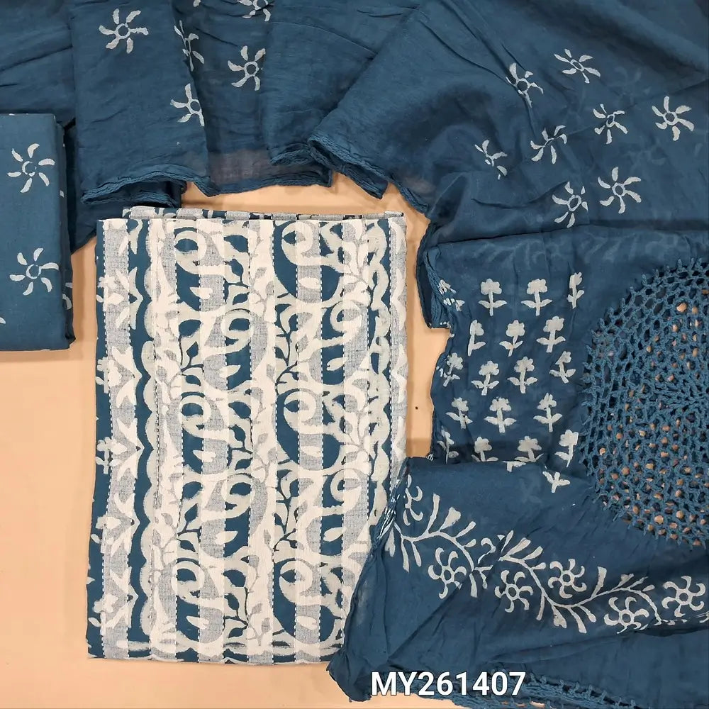 Denim blue hand block printed Pure kantha cotton unstitched salwar material, (Lining optional)block printed cotton bottom,block printed with crochet work on mul cotton dupatta. MY261407