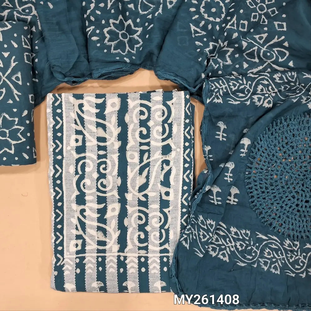 Denim blue hand block printed Pure kantha cotton unstitched salwar material, (Lining optional)block printed cotton bottom,block printed with crochet work on mul cotton dupatta. MY261408