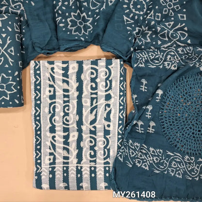 Denim blue hand block printed Pure kantha cotton unstitched salwar material, (Lining optional)block printed cotton bottom,block printed with crochet work on mul cotton dupatta. MY261408