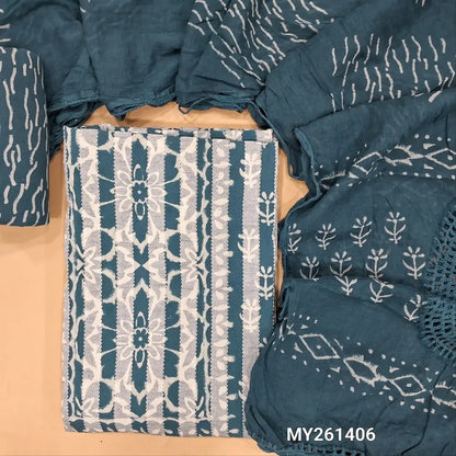 Denim blue hand block printed Pure kantha cotton unstitched salwar material, (Lining optional)block printed cotton bottom,block printed with crochet work on mul cotton dupatta. MY261406