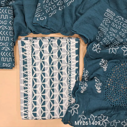 Denim blue hand block printed Pure kantha cotton unstitched salwar material, (Lining optional)block printed cotton bottom,block printed with crochet work on mul cotton dupatta. MY261409