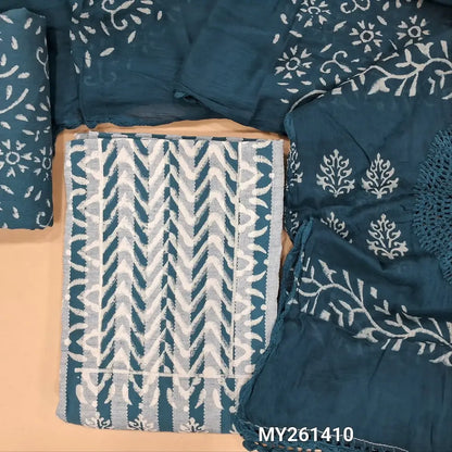 Denim blue hand block printed Pure kantha cotton unstitched salwar material, (Lining optional)block printed cotton bottom,block printed with crochet work on mul cotton dupatta. MY261410