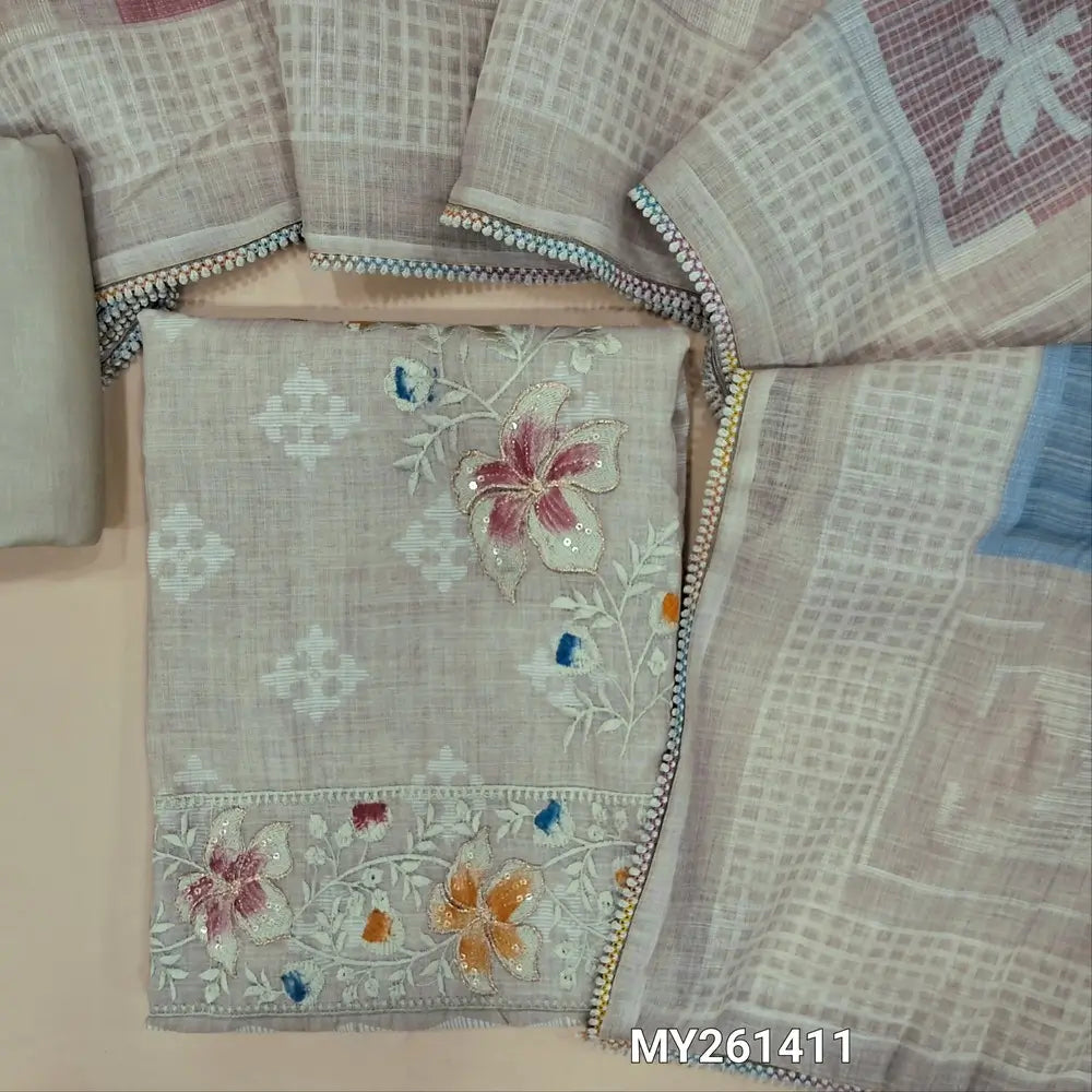 Rich Beige premium linen unstitched salwar material (lining needed) hand embroidery,thread & zari work,brush paint work on front and daman,matching cotton bottom,abstract printed premium linen dupatta with fancy lace taping. MY261411