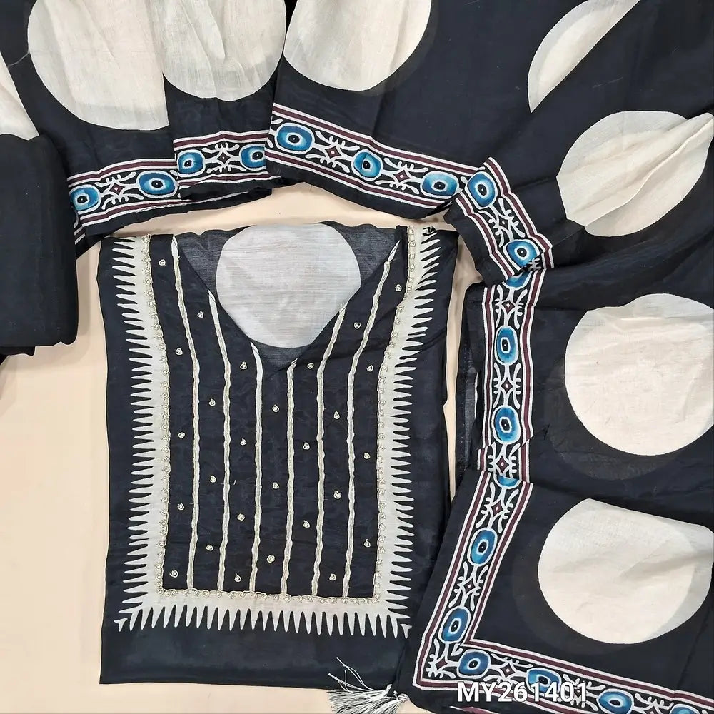 Deisgner Black pure muslin silk unstitched salwar material, pearl bead and zardozi work on yoke and front, pulka dots all over(silky,lining needed)santoon bottom, pulka dots with pure muslin silk on short width dupatta. MY261401