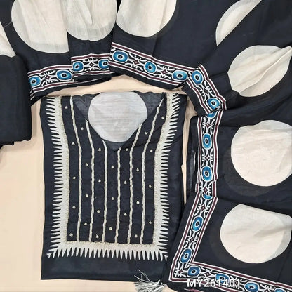 Deisgner Black pure muslin silk unstitched salwar material, pearl bead and zardozi work on yoke and front, pulka dots all over(silky,lining needed)santoon bottom, pulka dots with pure muslin silk on short width dupatta. MY261401