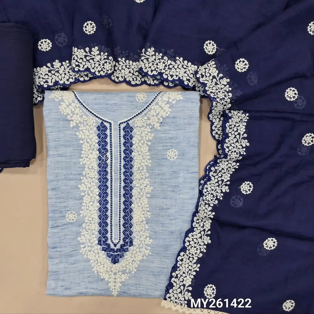 Denim blue premium pure mul cotton unstitched salwar material,embroidery work on front(soft,lining needed)dark blue silky bottom,embroidery mul cotton dupatta with scallop edges. MY261422