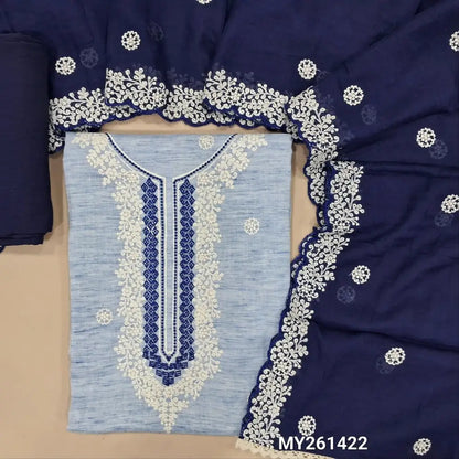 Denim blue premium pure mul cotton unstitched salwar material,embroidery work on front(soft,lining needed)dark blue silky bottom,embroidery mul cotton dupatta with scallop edges. MY261422