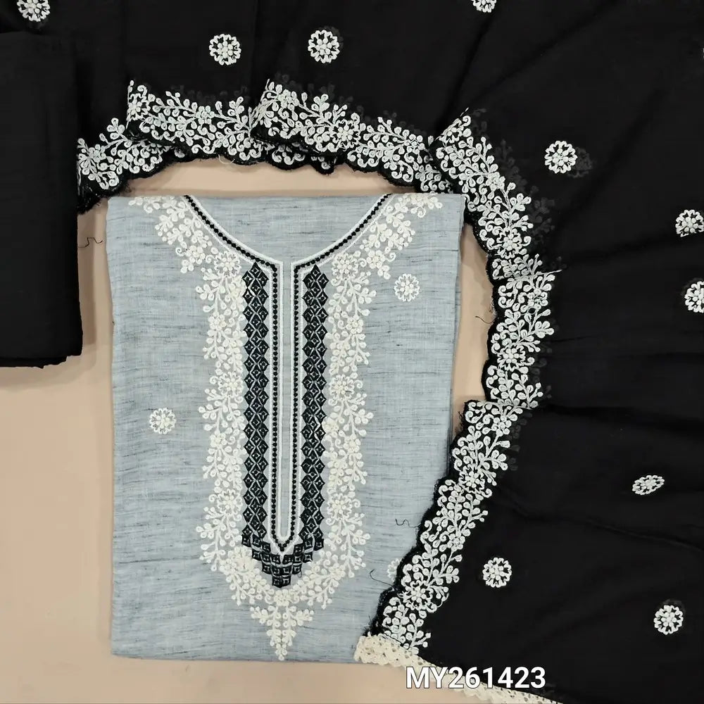 Light grey premium pure mul cotton unstitched salwar material,embroidery work on front(soft,lining needed)black silky bottom,embroidery mul cotton dupatta with scallop edges. MY261423