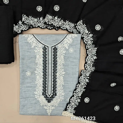 Light grey premium pure mul cotton unstitched salwar material,embroidery work on front(soft,lining needed)black silky bottom,embroidery mul cotton dupatta with scallop edges. MY261423