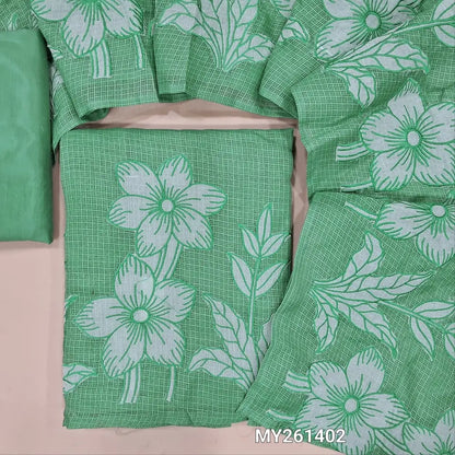 Sage green premium kota unstitched salwar material,thread embroidery,applique and patch work on daman(Lining Needed) matching silky fabric for both bottom and lining,applique work and floral embroidery on kota dupatta. MY261402