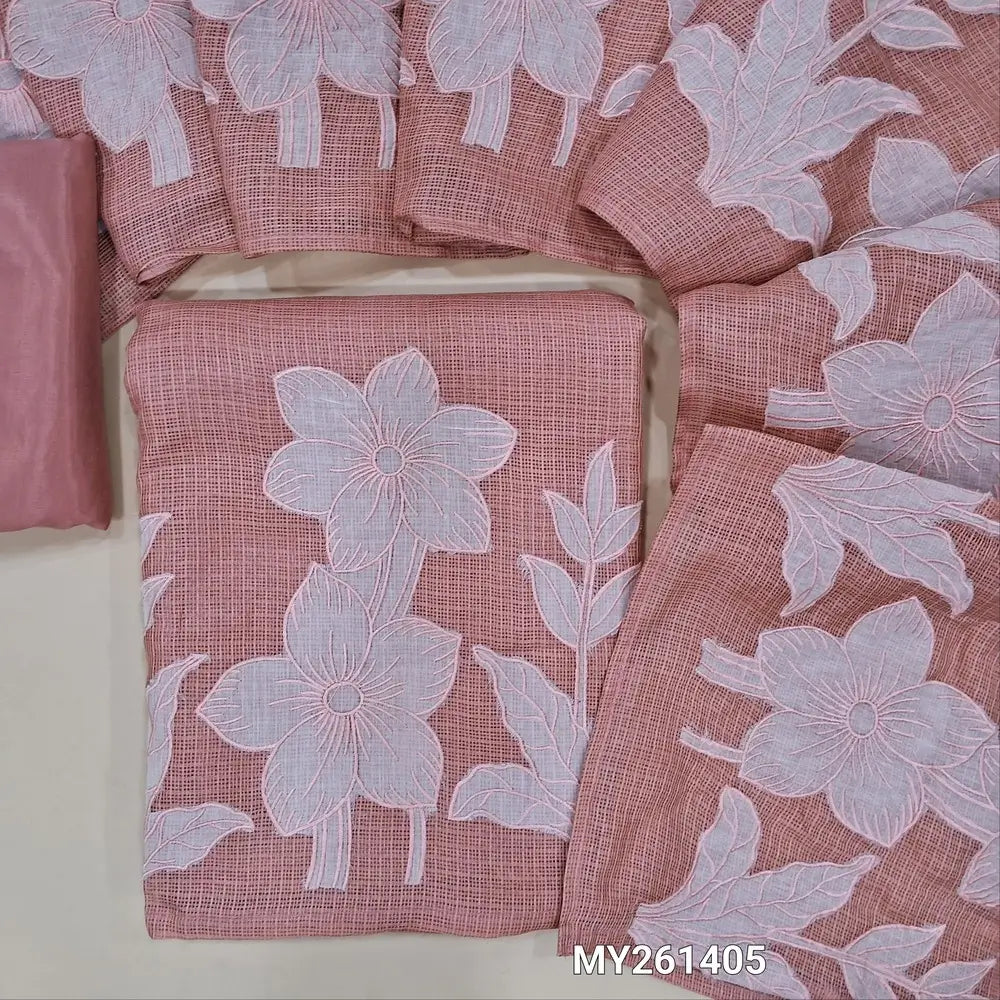 Onion pink premium kota unstitched salwar material,thread embroidery,applique and patch work on daman(Lining Needed) matching silky fabric for both bottom and lining,applique work and floral embroidery on kota dupatta. MY261405
