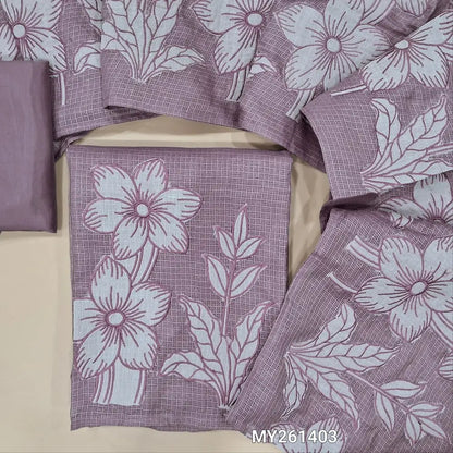 Mauve premium kota unstitched salwar material,thread embroidery,applique and patch work on daman(Lining Needed) matching silky fabric for both bottom and lining,applique work and floral embroidery on kota dupatta. MY261403