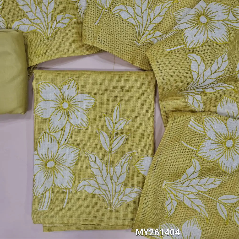 Lime green premium kota unstitched salwar material,thread embroidery,applique and patch work on daman(Lining Needed) matching silky fabric for both bottom and lining,applique work and floral embroidery on kota dupatta. MY261404