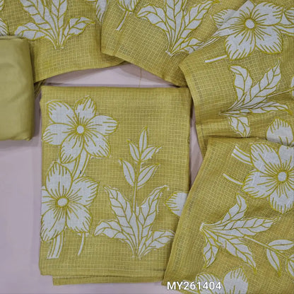 Lime green premium kota unstitched salwar material,thread embroidery,applique and patch work on daman(Lining Needed) matching silky fabric for both bottom and lining,applique work and floral embroidery on kota dupatta. MY261404