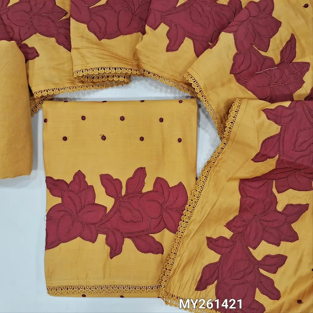 Mehandhi yellow mul chanderi unstitched salwar material, thread embroidery on front, applique work on daman,(soft,lining needed)matching spun cotton bottom,embroidery and applique work on chanderi dupatta with lace tapping. MY261421