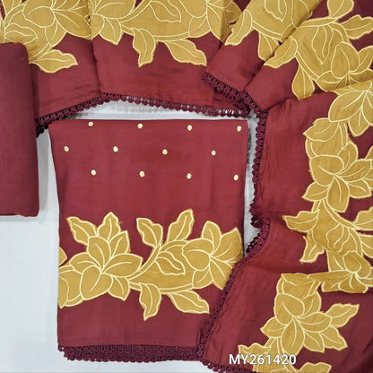 Maroon mul chanderi unstitched salwar material, thread embroidery on front, applique work on daman,(soft,lining needed)matching spun cotton bottom,embroidery and applique work on chanderi dupatta with lace tapping. MY261420