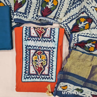Rust orange silk cotton unstitched salwar material, multicoloured batik yoke with french knot and faux mirror ( soft,lining needed)dark teal blue silky provided for bottom, multicoloured batik design on soft fancy silk cotton with tissue pallu. MY261417
