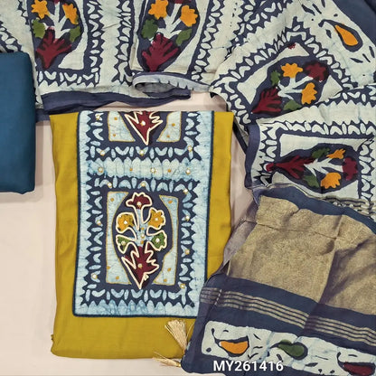 Mehandhi Yellow silk cotton unstitched salwar material, multicoloured batik yoke with french knot and faux mirror ( soft,lining needed) teal blue silky provided for bottom, multicoloured batik design on soft fancy silk cotton with tissue pallu. MY261416
