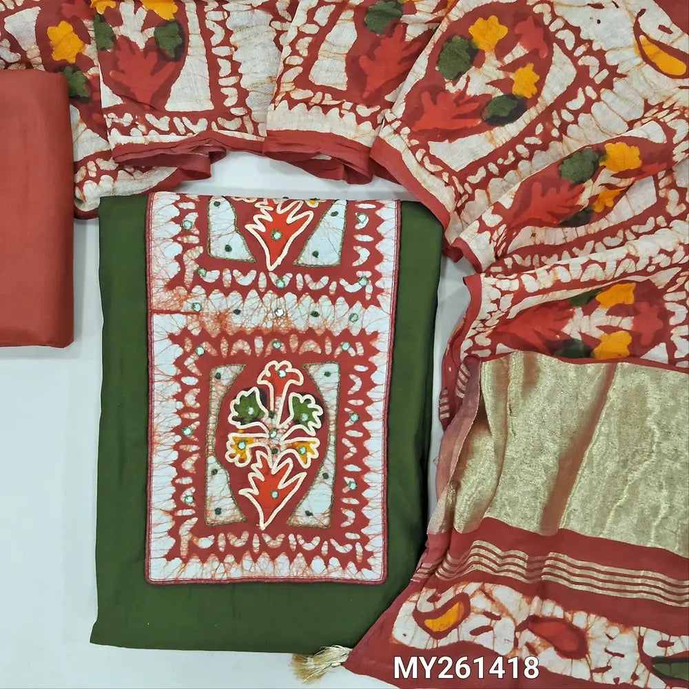 Dark olive green silk cotton unstitched salwar material, multicoloured batik yoke with french knot and faux mirror ( soft,lining needed) maroon silky provided for bottom, multicoloured batik design on soft fancy silk cotton with tissue pallu. MY261418