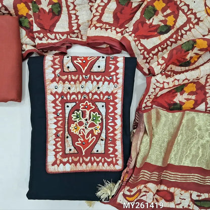 Black silk cotton unstitched salwar material, multicoloured batik yoke with french knot and faux mirror ( soft,lining needed) maroon silky provided for bottom, multicoloured batik design on soft fancy silk cotton with tissue pallu. MY261419