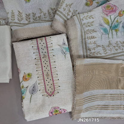 Designer off white floral printed linen unstitched salwar material,fancy buttons and sequins work on yoke & front, gold tissue border on daman( lining needed)matching cotton bottom,floral printed linen dupatta with fancy less tapping. JN261715